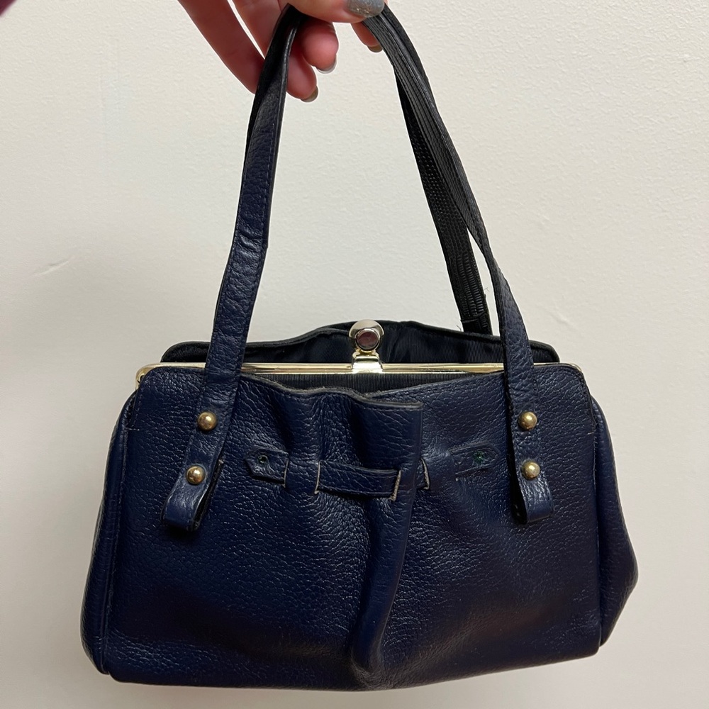 Vintage 1950s Elegant Navy Leather Handbag
